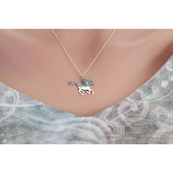 Sterling Silver Horse Charm with Mountains and Bronze Moon Necklace - Picture 1 of 4
